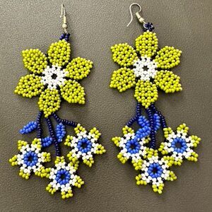 Seed Bead Huichol Floral Flower Dangle Drop Statement Earrings